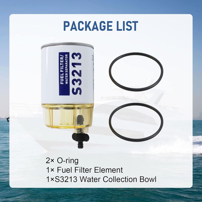CARMOCAR Marine Fuel Water Separator Filter Assembly S3213 Filter Element with Collection Bowl Replacement for 3/8 Inch NPT Outboard Motor Mercury 35-60494-1 18-7932-1,18-17928,35-809097 - Image 5